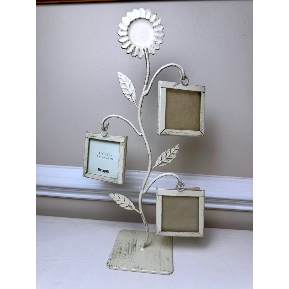 Pier 1 Imports Sunflower Photo Tree Distressed White Metal 3 Frame‎ Shabby Chic